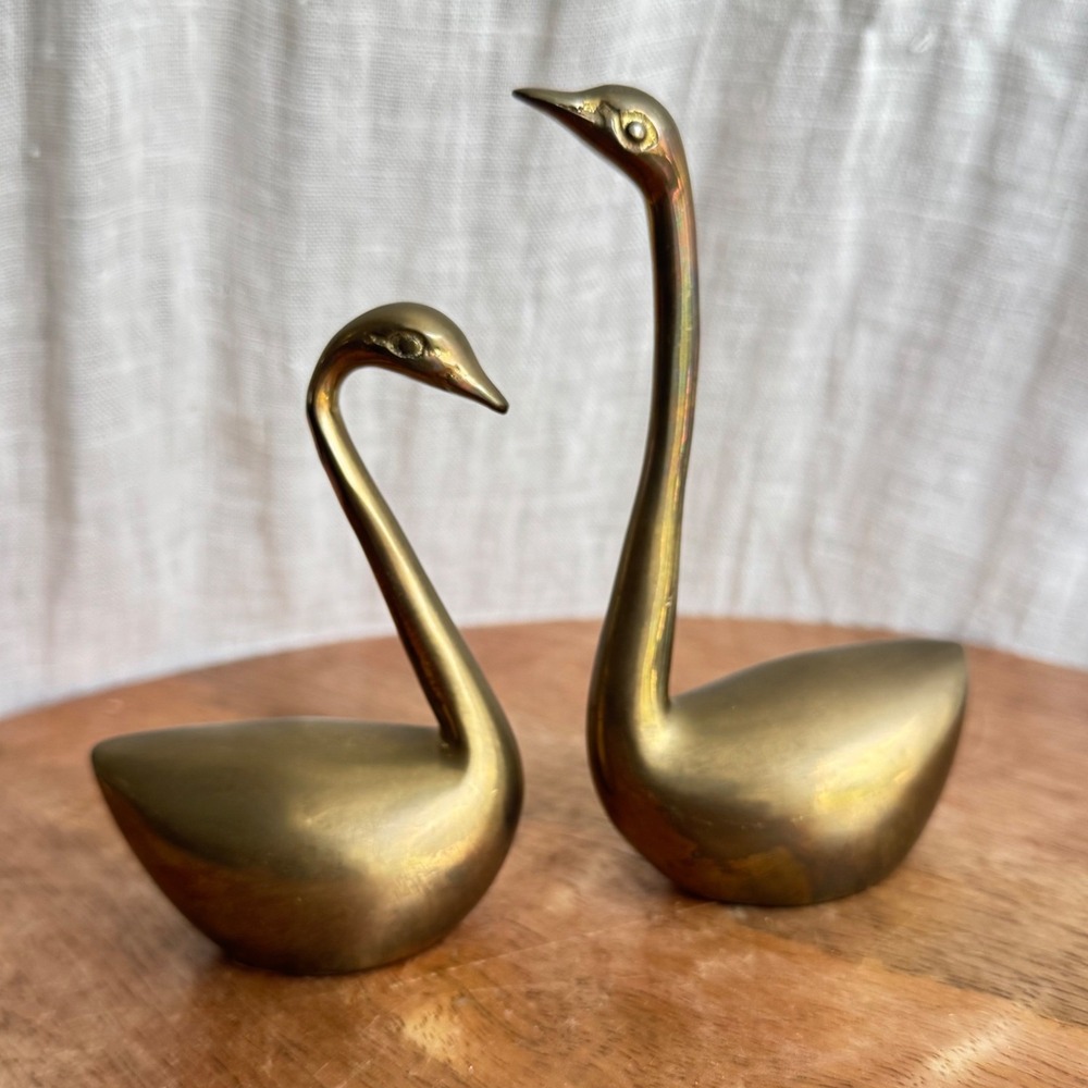 Vintage Brass Swan Pair Figurines Set of 2 Gold Tone Mid Century Decor Bird